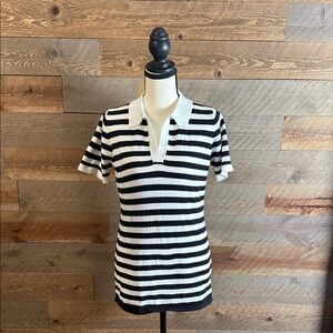 Vine & Love Black & White Striped Short-Sleeve V-Neck Polo